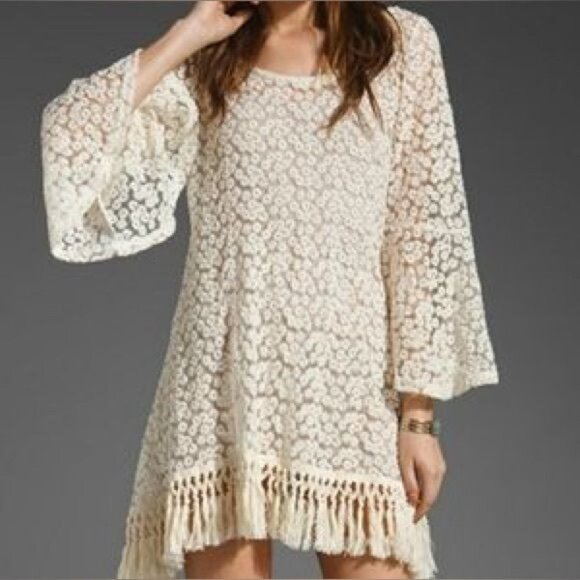 Gypsy Junkies X Free People Cream Lace Crochet Boho Fringe Tunic Mini Dress M/L - Picture 3 of 13